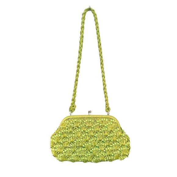 Vintage Takahashi Japan Hand Crochet Straw Beaded MCM Satchel Green Blue 11x6.5” - Picture 1 of 16